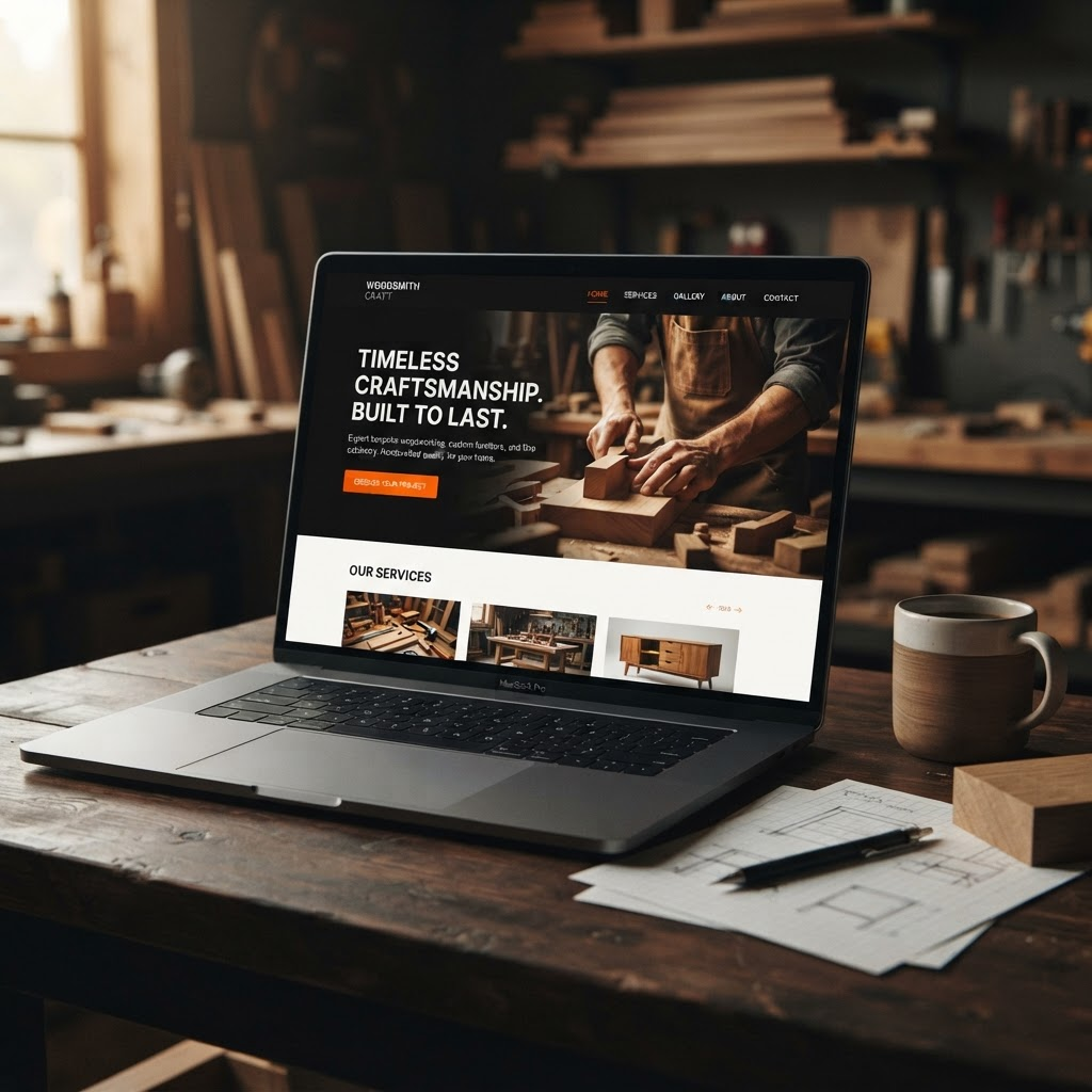 Placeholder mockup of a website and booking automation for a carpentry business, shown on a laptop screen